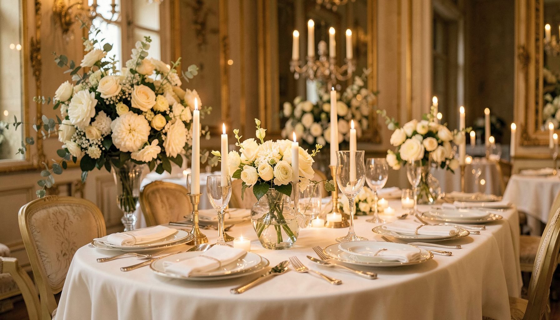 A chic Parisian wedding scene with soft ivory florals, candlelight, and elegant table settings in a historic French venue