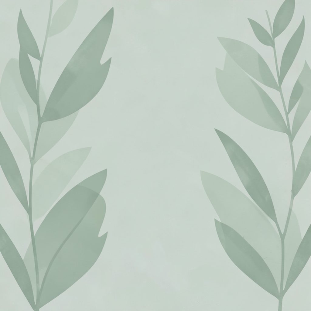 Soft abstract botanical shapes in muted green tones, creating a delicate decorative backdrop