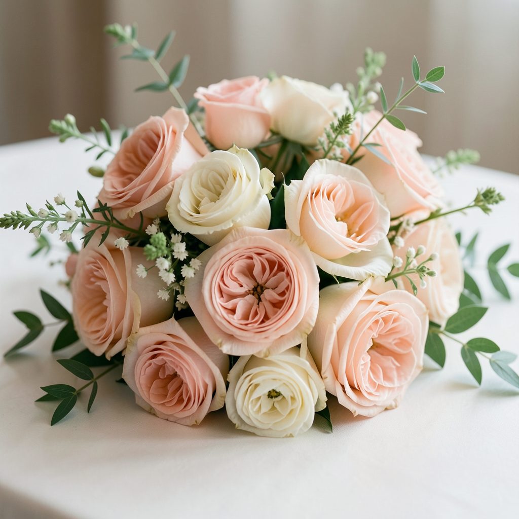 A soft, romantic arrangement of blush and cream flowers with delicate greenery on a light surface, evoking wedding elegance