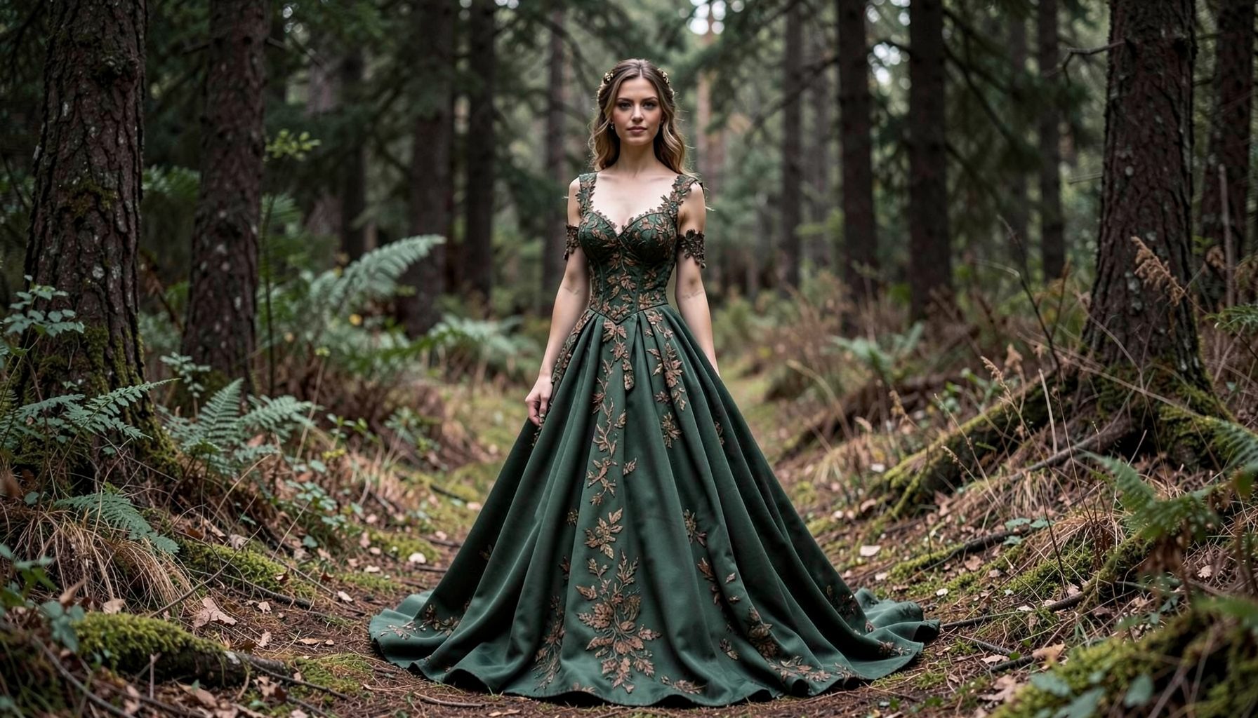 Model in a wilderness setting wearing a romantic styled gown, forest greens and earthy browns