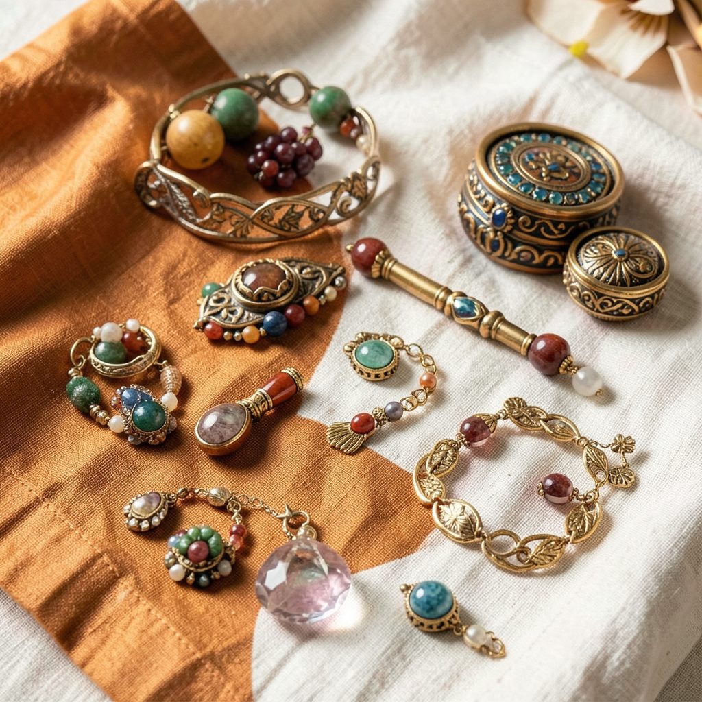 A collection of diverse wedding ritual objects from different cultures arranged on a textured linen cloth in warm amber light