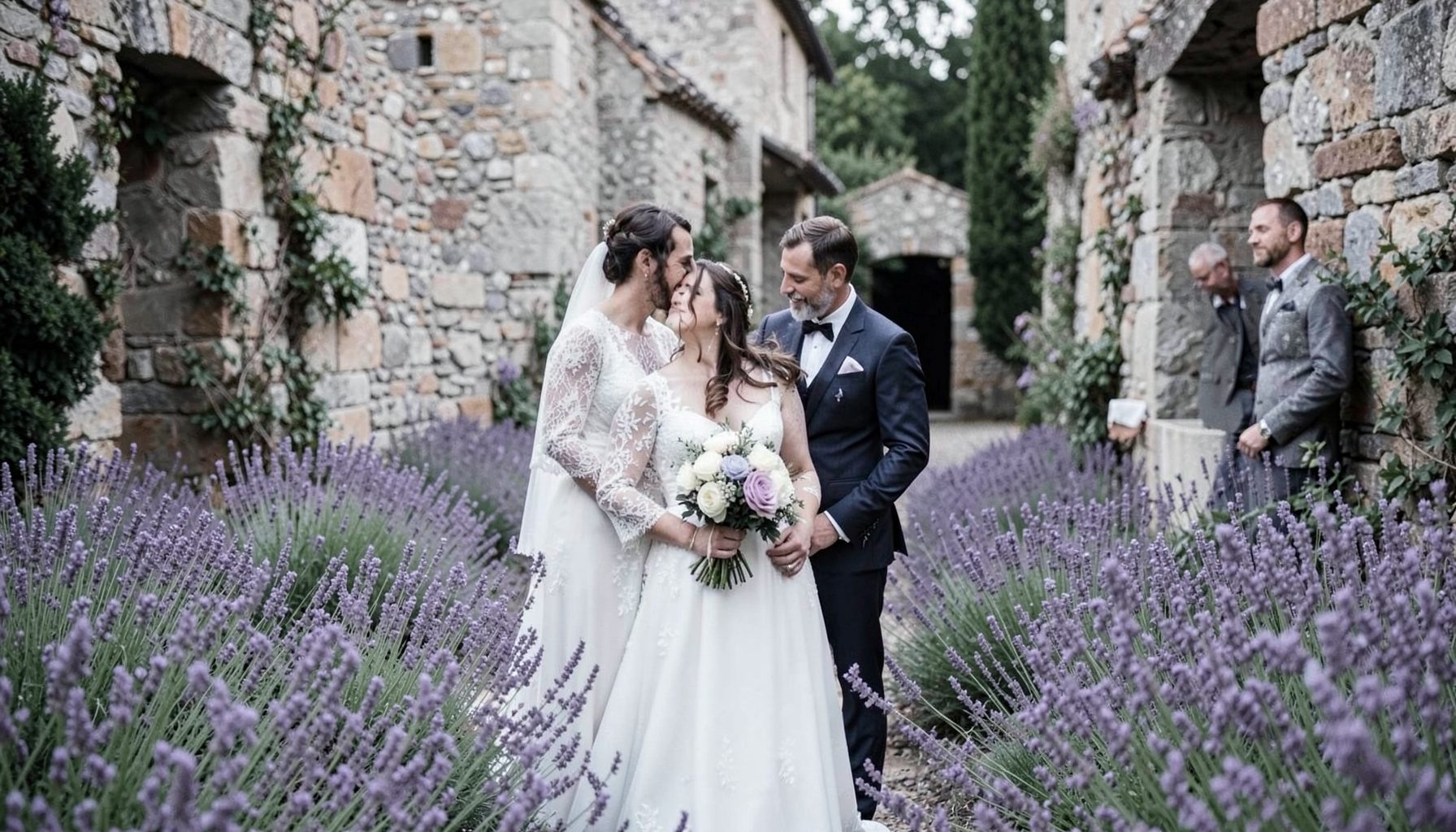An intimate French countryside wedding at a stone estate with lavender accents and soft natural light