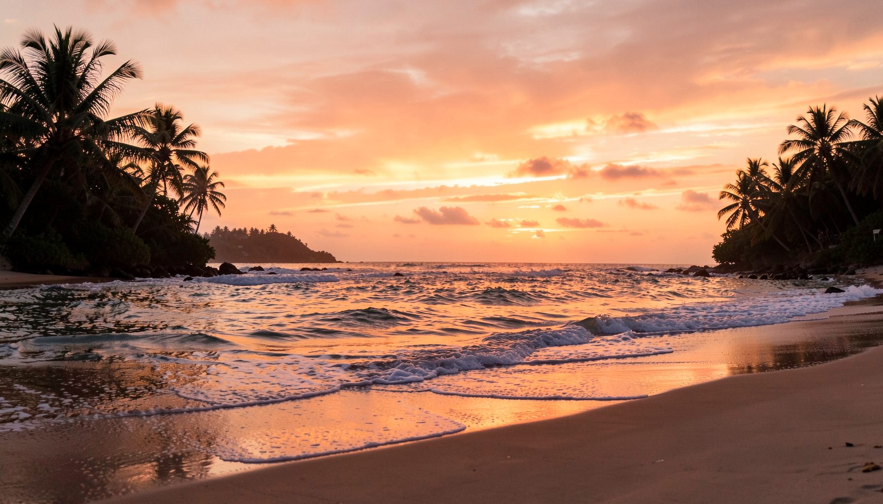 Tropical beach at sunset with gentle waves, palm silhouettes, and warm coral and gold tones across the sky, serene and dreamy