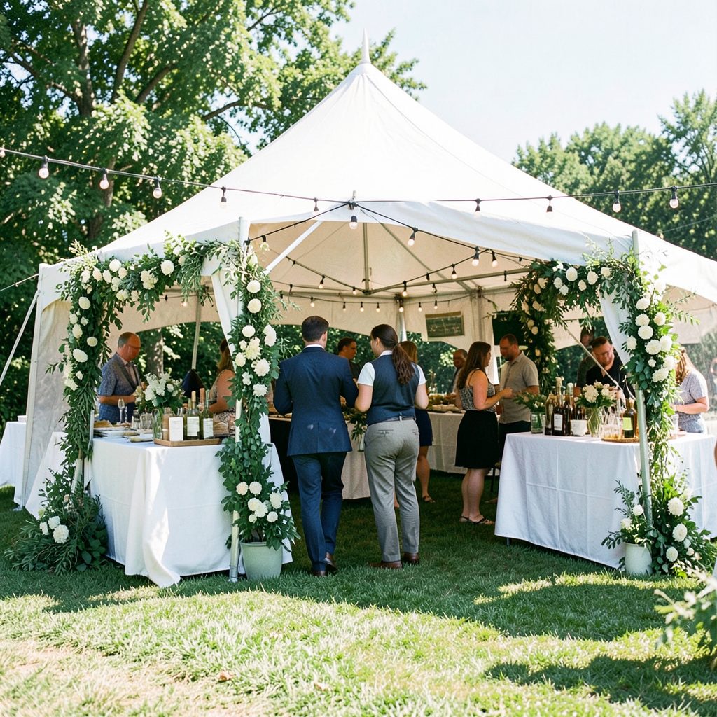 An outdoor wedding fair tent on a sunny lawn, with vendor booths decorated in greenery and white flowers, couples browsing
