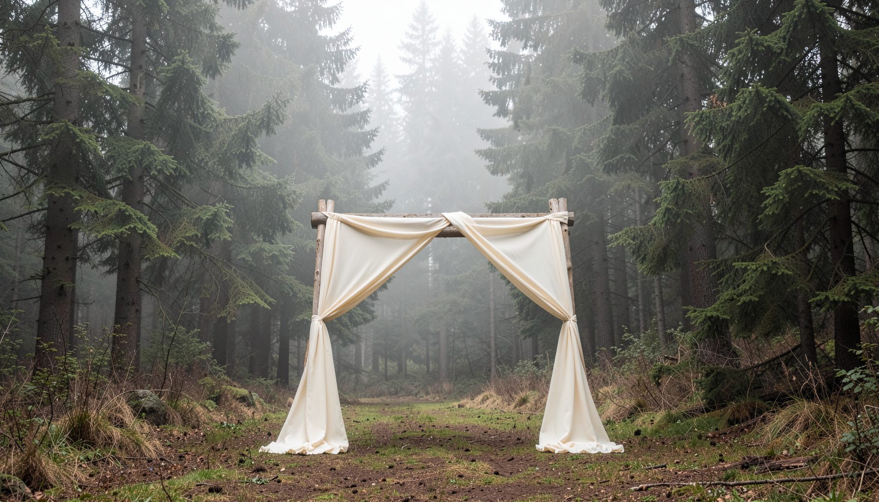 A misty forest clearing with a simple wooden ceremony arch draped in soft ivory fabric, surrounded by towering evergreens