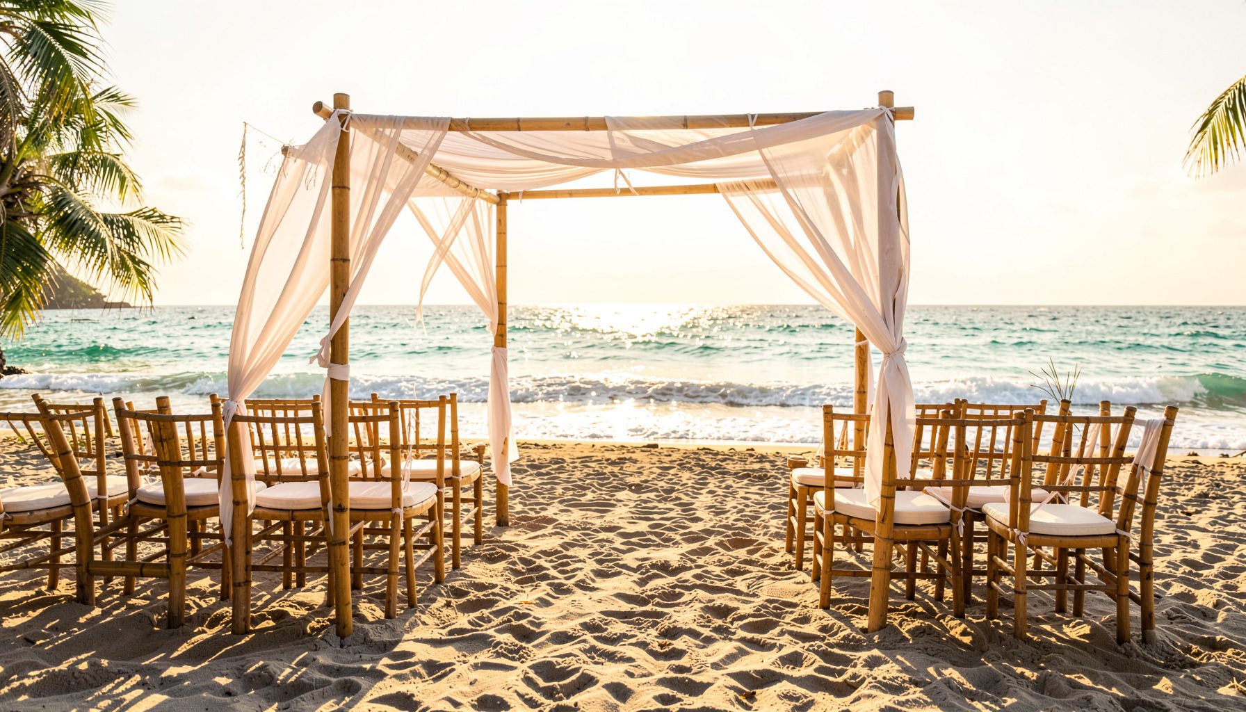 A sunlit tropical beach at golden hour with bamboo ceremony seating and white draping