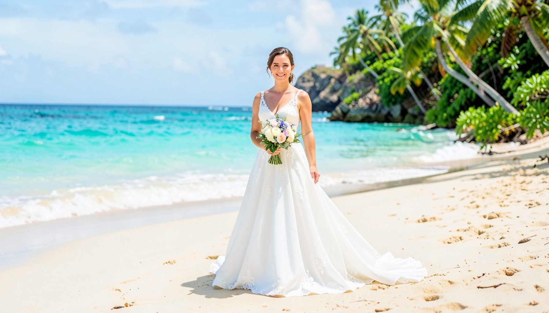 Bride in a tropical wedding dress on a sandy beach, turquoise ocean behind, vibrant greens