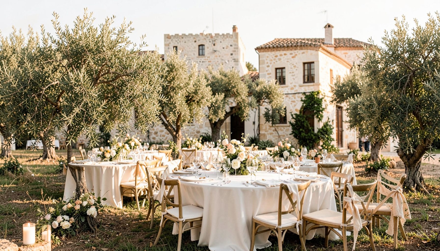 A romantic destination wedding in Puglia with olive groves, white stone architecture, and elegant al fresco dining, warm golden light