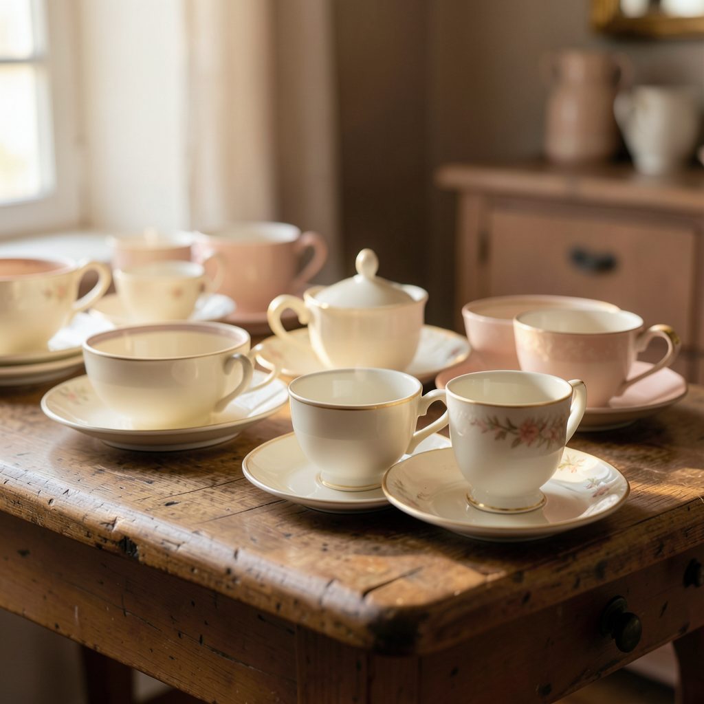 A warm, softly lit display of delicate porcelain teacups and saucers arranged on a vintage wooden table, cream and blush