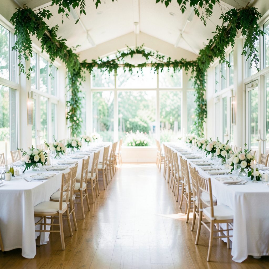 A bright, airy wedding reception hall with long banquet tables, trailing greenery, and soft natural light streaming through tall windows