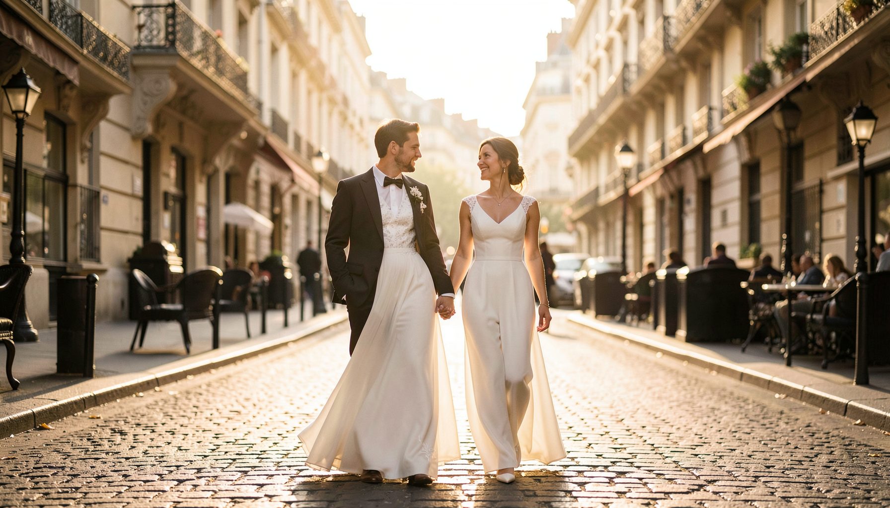 Elegant Parisian street scene with soft golden light, a bride in a flowing white gown walking hand-in-hand with her partner, romantic and timeless