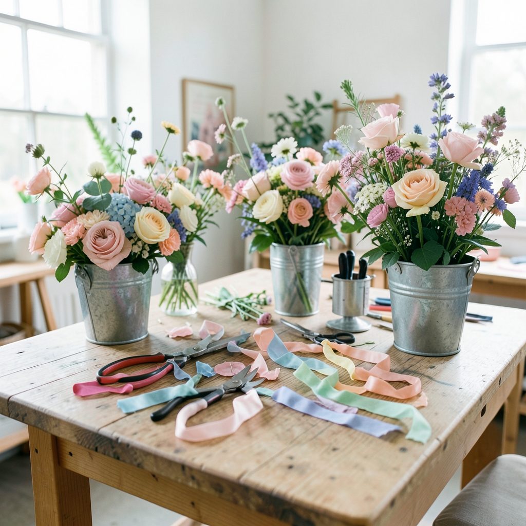 A bright workshop space with a long wooden table set with floral arranging supplies — shears, ribbons, and buckets of wildflowers