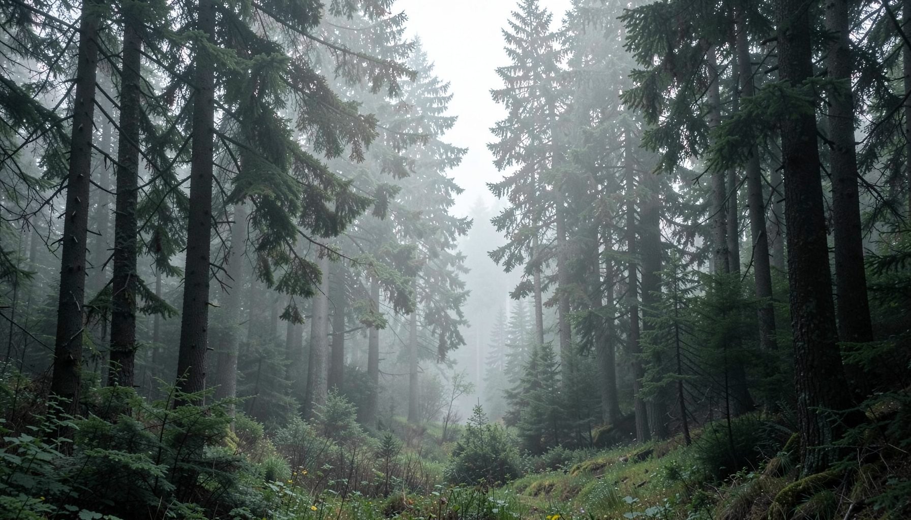 Misty forest clearing with tall evergreens, soft diffused light filtering through branches, a sense of quiet wilderness