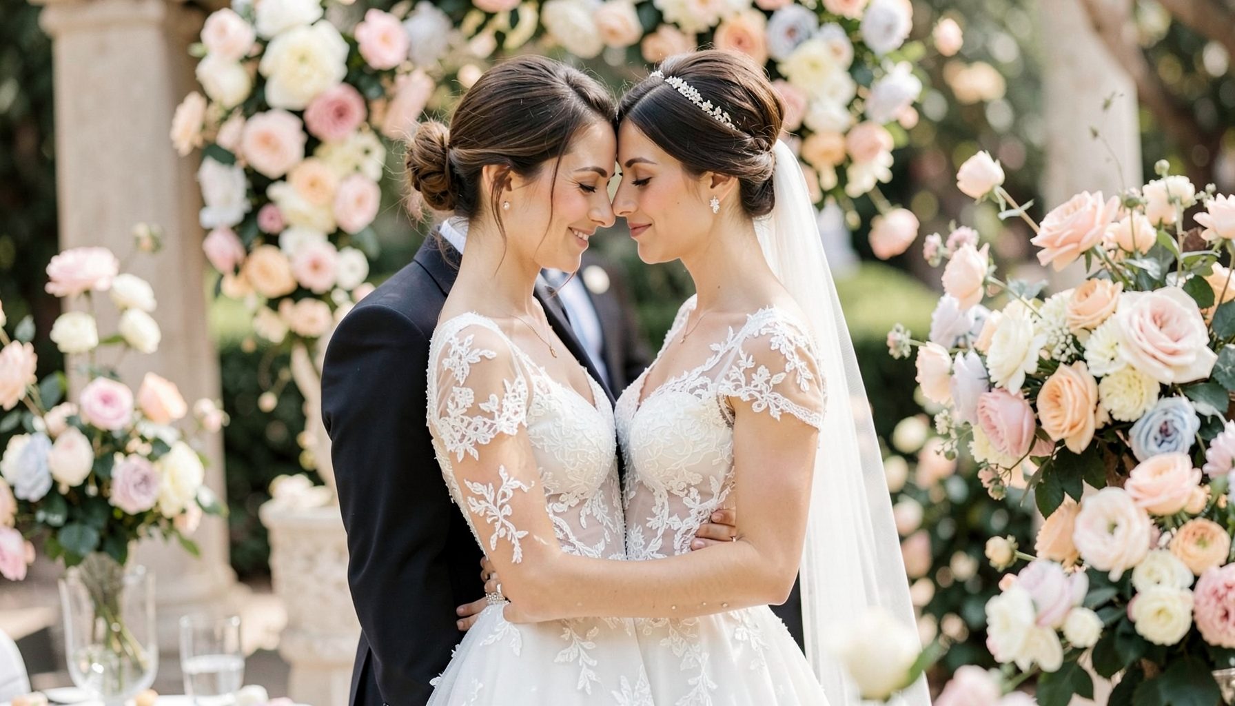 Intimate French wedding with bride in a delicate lace gown, soft pastel florals