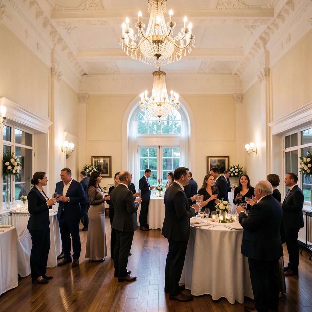 A heritage ballroom set up for a wedding industry networking evening, with high ceilings, crystal chandeliers, and small groups in conversation