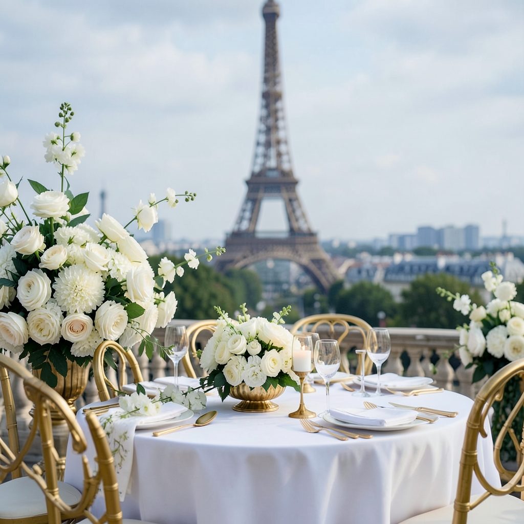 A chic Parisian wedding scene with elegant white florals, gold accents, and soft grey-blue Parisian skyline in the backg