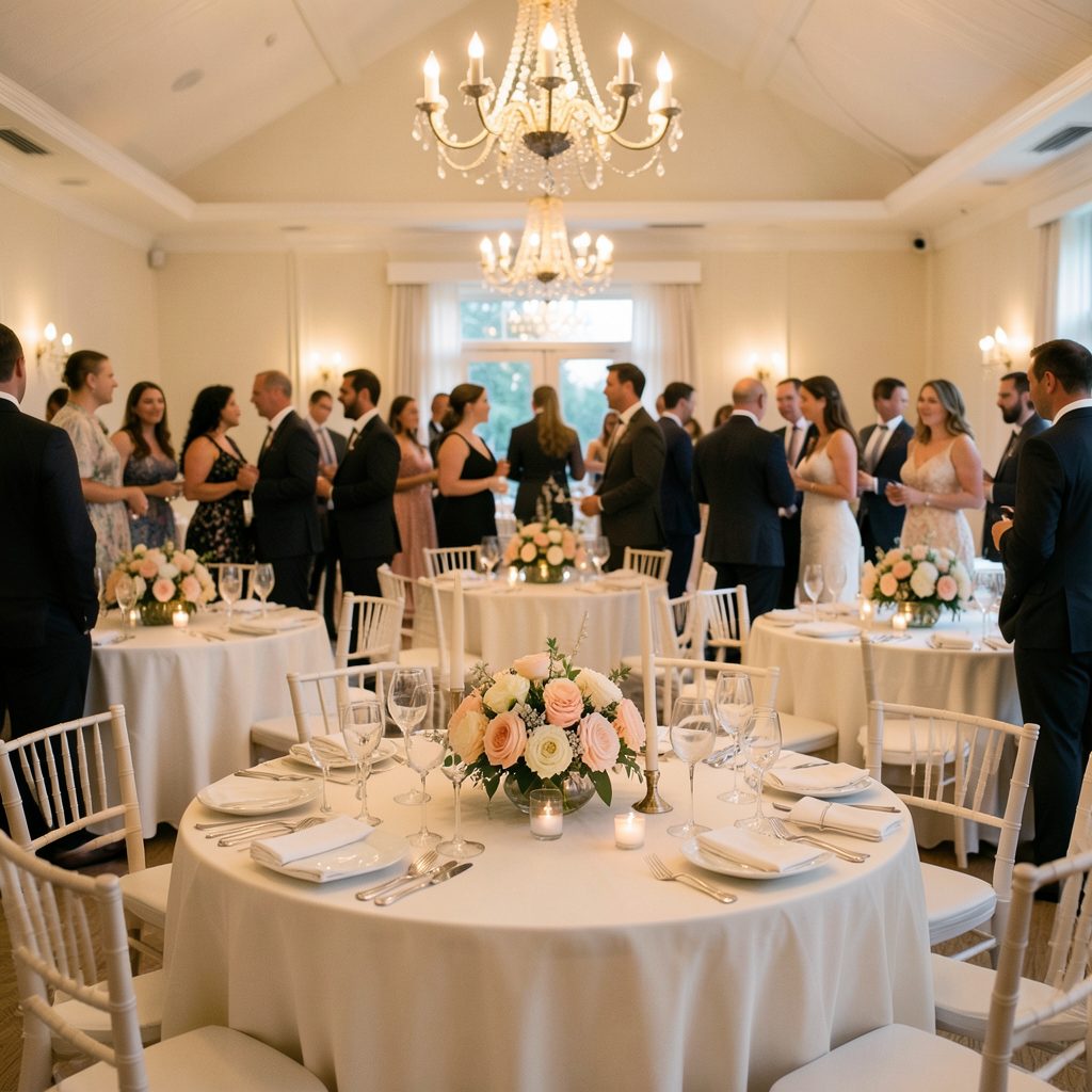 A softly lit wedding fair hall with round tables draped in ivory linen, floral centerpieces in blush and cream, and guests mingling