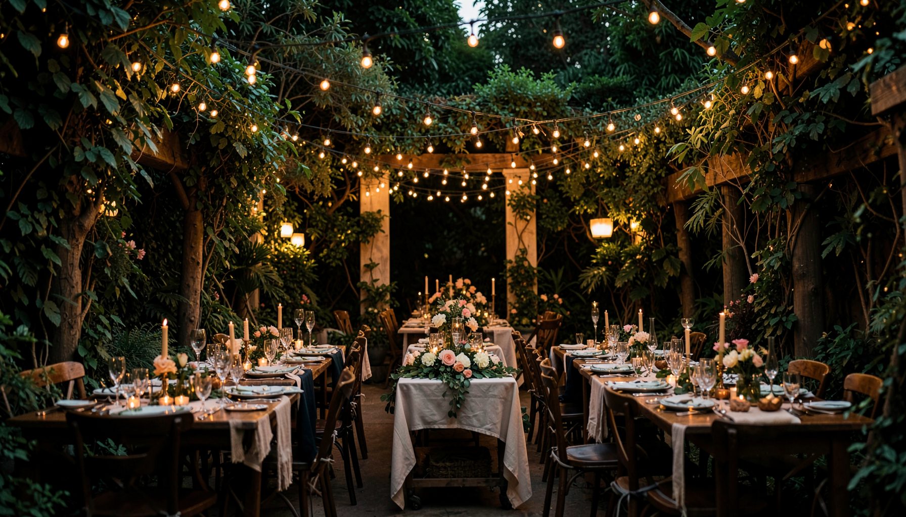 A magical garden wedding at Jaspers Berry with lush greenery, string lights, and rustic wooden details, deep green and warm tones