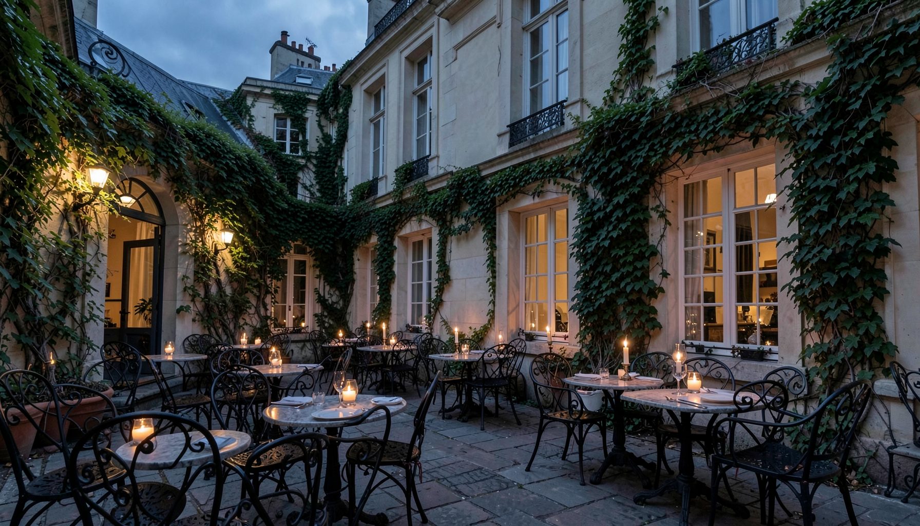 An elegant Parisian courtyard with wrought-iron bistro chairs, candlelit tables, and ivy climbing a pale stone façade