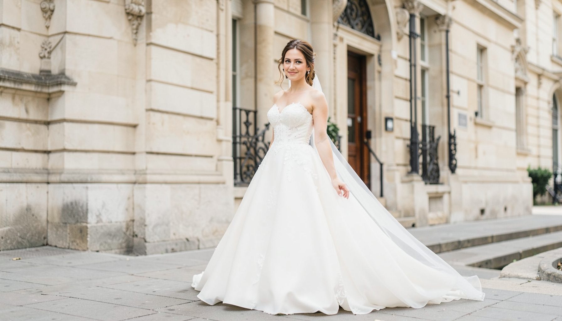 Bride in a chic Parisian gown outside a historic stone building, soft ivory palette