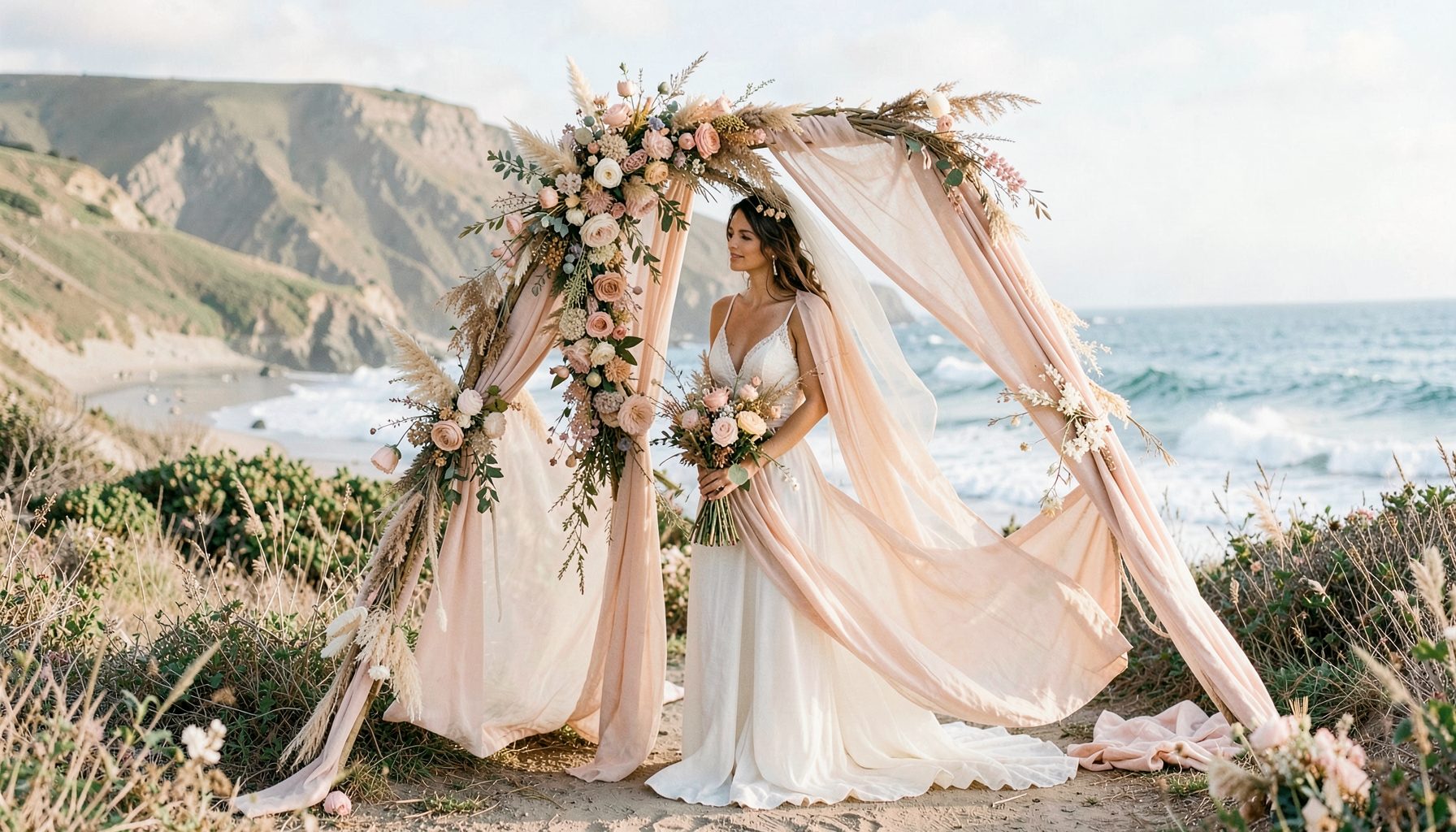 A boho seaside wedding with flowing fabrics, wildflowers, and a windswept coastline, soft beige, blush, and sea-blue tones