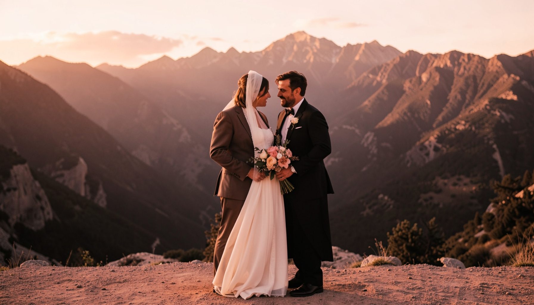 An artsy Italian elopement with dramatic mountain backdrops, minimalist styling, and golden hour light, warm terracotta tones